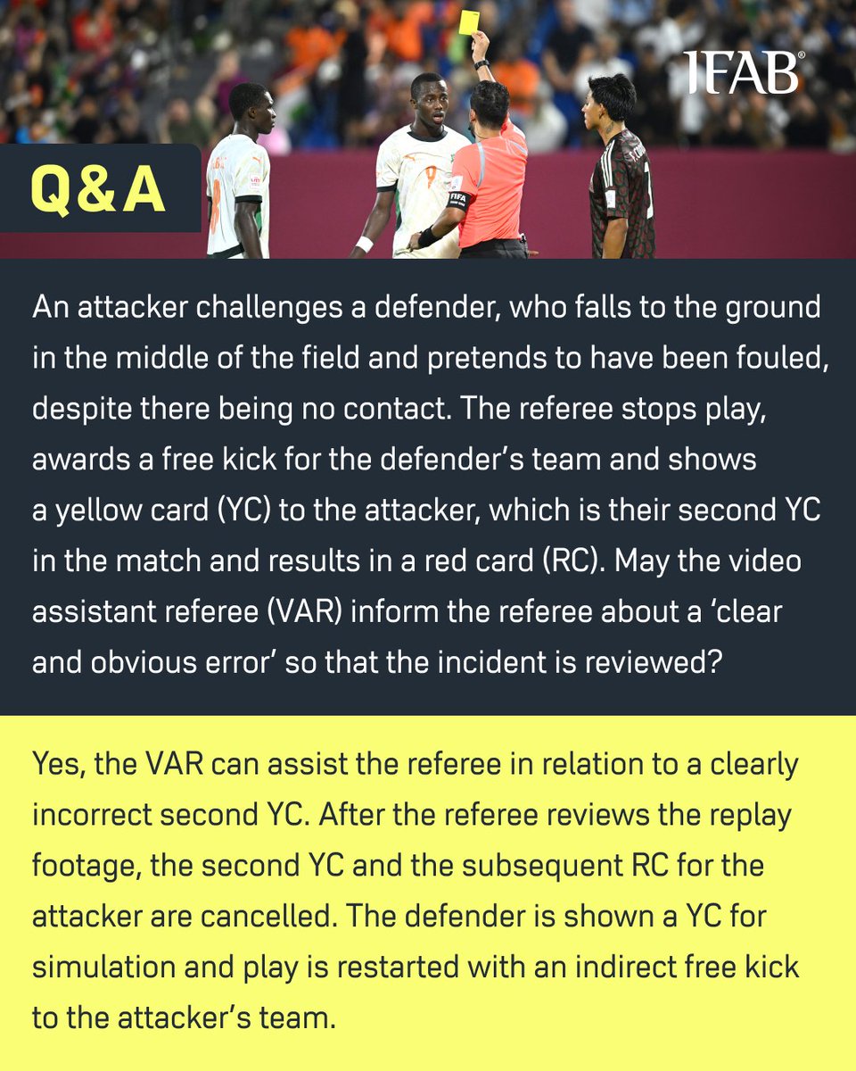 TheIFAB's tweet photo. LAW CHANGES 2026/27

An attacker challenges a defender, who falls to the ground in the middle of the field and pretends to have been fouled, despite there being no contact. The referee stops play, awards a free kick for the defender’s team and shows a yellow card (YC) to the attacker, which is their second YC in the match and results in a red card (RC).

May the video assistant referee (VAR) inform the referee about a ‘clear and obvious error’ so that the incident is reviewed?

➡️ https://t.co/FnzEH6NLSB
➡️ https://t.co/XB7YYtGOW3
➡️ https://t.co/LP98v5xMEw

Download the official Laws of the Game app:
➡️ https://t.co/BwKFiVQuwn
➡️ https://t.co/jkJetKEFxU