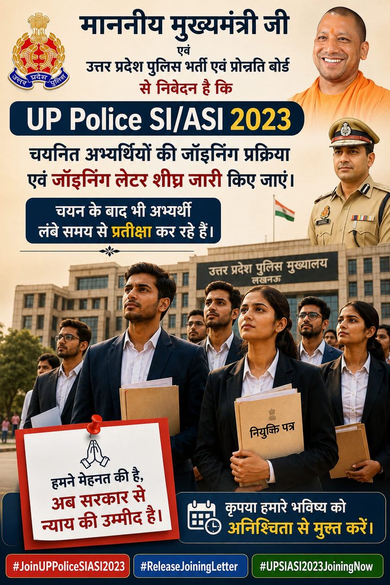 Mohit_bhaskar21's tweet photo. @myogiadityanath
 
@CMOFFICEUP
 
@brajeshpathakup
 
@Uppolice

कृपया UP Police SI/ASI 2023 की Joining Date घोषित कर चयनित अभ्यर्थियों को राहत प्रदान करें। धन्यवाद।
जॉइनिंग लेटर का इंतज़ार करते हुए काफी समय हो गया है।
#JoiningForUPPoliceSIASI2023 #UPASI2023_JoiningAwaited https://t.co/PbWE0lC7Nf