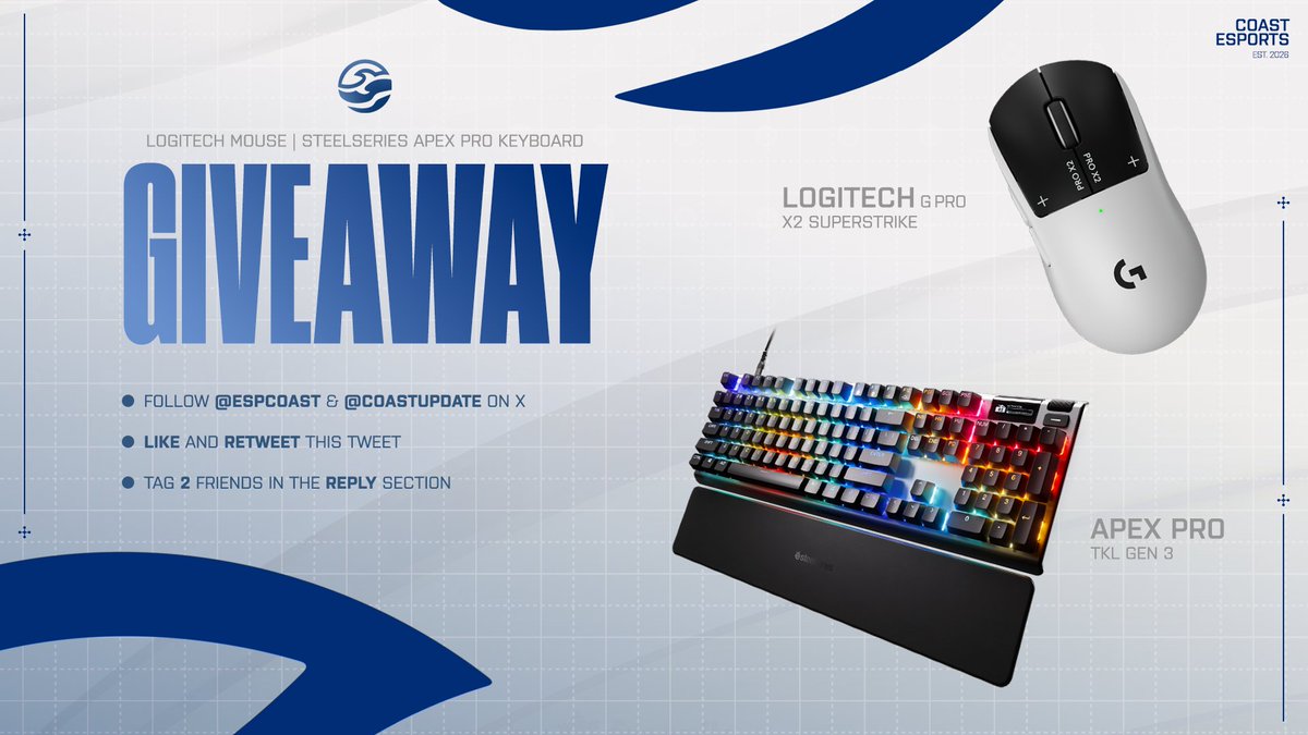ESPCoast's tweet photo. Coast Giveaway!

The winner will recieve a Logitech G Pro X2 Superstrike &amp; Steelseries Apex Pro TKL Gen 3

To enter:
- Follow @ESPCoast &amp; @CoastUpdate 
- Like and Retweet
- Tag 2 friends in the comments

Winner announced in 7 days. https://t.co/RNmCyppUov