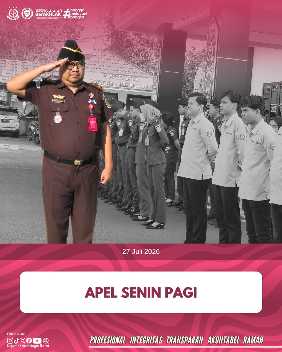 Kejari_Kobar's tweet photo. Senin, (27/07/2026), Kejaksaan Negeri Kotawaringin Barat melaksanakan Apel Senin Pagi dengan Kepala Seksi Tindak Pidana Khusus, Bapak Dr. Dody Heryanto, S.H., M.H., bertindak sebagai pembina apel. Kegiatan ini diikuti oleh seluruh pegawai Kejaksaan Negeri Kotawaringin Barat. https://t.co/IouJUrsIcf