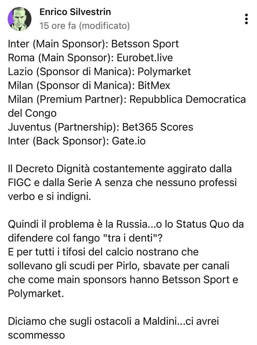 Giorgioaki's tweet photo. Gentile Andrea Pirlo, 

purtroppo non abbiamo mai avuto il piacere di conoscerci personalmente. Tuttavia, come accade a milioni di appassionati di sport in tutto il mondo, conosco bene i Suoi gol, quelli che hanno contribuito a renderLa una stella e una leggenda del calcio internazionale.

Fino a poco tempo fa, invece, ignoravo il fatto che Lei fosse, in un certo senso, un mio collega: infatti, a quanto riporta la stampa italiana, Lei ricopre il ruolo di “Ambasciatore della società russa Fonbet”. In un periodo storico in cui la diplomazia attraversa una profonda crisi, poter contare su una personalità come la Sua nel ruolo di ambasciatore rappresenta senza dubbio un onore per qualsiasi Paese o società. 

Rattrista constatare che, nonostante il Suo contributo straordinario allo sport mondiale e all’immagine dell’Italia nel mondo, proprio nel Suo Paese, Lei sia oggi oggetto di ostracismo da parte di un establishment da molti definito "pseudo-democratico"; sorte, peraltro, già toccata, negli ultimi anni, a migliaia di sportivi, di direttori d’orchestra, di musicisti, di artisti e registi russi. Certo le mie parole non cambieranno nulla, ma desidero esprimerLe la nostra sincera e umana solidarietà.

E questo, nonostante il fatto che la Nazionale Italiana che Lei avrebbe potuto allenare, e che forse un giorno allenerà, nei futuri Campionati Europei e Mondiali, possa costituire un avversario di assoluto livello per la Nazionale Russa.

Aleksej Vladimirovič Paramonov, ambasciatore russo in Italia.