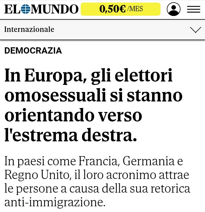 ArmoniosiAccent's tweet photo. Gli elettori gay virano verso l'estrema destra. 
In Francia Rassemblement National della Le Pen è il primo partito tra i votanti Lgbtq, il fenomeno noto come "omonazionalismo" è guidato dalla percezione che l'Islam sia per loro una minaccia. https://t.co/QUyciKV9Fv