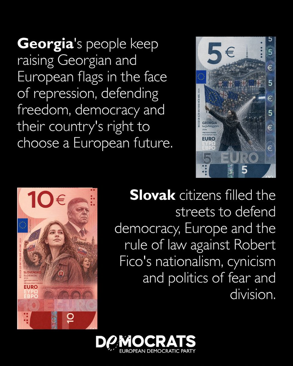 democrats_eu's tweet photo. We admit it: we have enjoyed reimagining the European Central Bank’s proposed new banknotes, and we hope you will cast your vote. This time, however, our symbolic designs pay tribute to six countries whose ongoing commitment to democracy, the rule of law and European values continues to shape our common future. They are dedicated to all those who keep the democratic flame alive: citizens who take to the streets, defend judicial independence, safeguard media freedom and stand up for a European future founded on liberty, democracy and the rule of law #euro