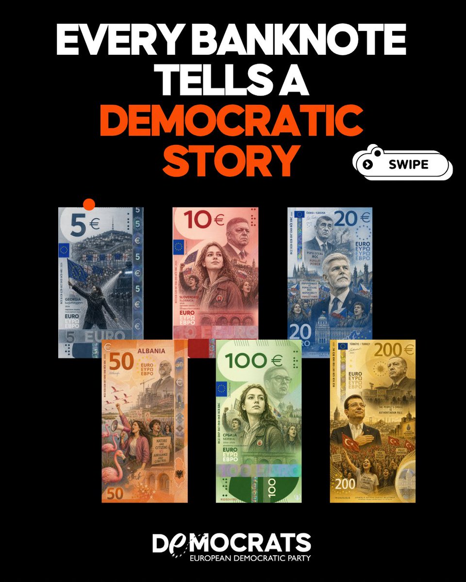 democrats_eu's tweet photo. We admit it: we have enjoyed reimagining the European Central Bank’s proposed new banknotes, and we hope you will cast your vote. This time, however, our symbolic designs pay tribute to six countries whose ongoing commitment to democracy, the rule of law and European values continues to shape our common future. They are dedicated to all those who keep the democratic flame alive: citizens who take to the streets, defend judicial independence, safeguard media freedom and stand up for a European future founded on liberty, democracy and the rule of law #euro