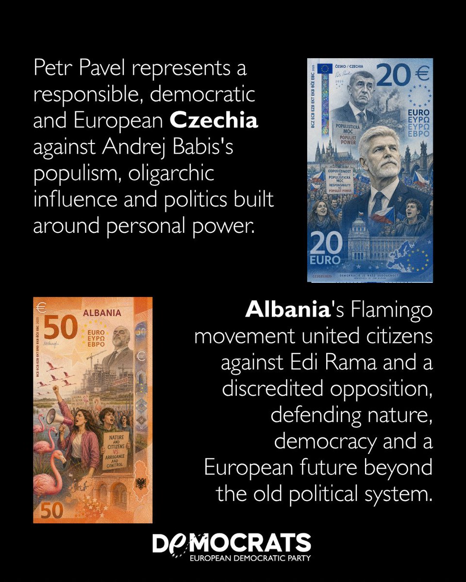 democrats_eu's tweet photo. We admit it: we have enjoyed reimagining the European Central Bank’s proposed new banknotes, and we hope you will cast your vote. This time, however, our symbolic designs pay tribute to six countries whose ongoing commitment to democracy, the rule of law and European values continues to shape our common future. They are dedicated to all those who keep the democratic flame alive: citizens who take to the streets, defend judicial independence, safeguard media freedom and stand up for a European future founded on liberty, democracy and the rule of law #euro