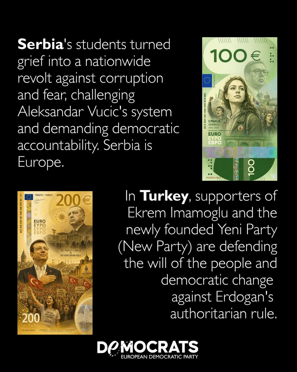democrats_eu's tweet photo. We admit it: we have enjoyed reimagining the European Central Bank’s proposed new banknotes, and we hope you will cast your vote. This time, however, our symbolic designs pay tribute to six countries whose ongoing commitment to democracy, the rule of law and European values continues to shape our common future. They are dedicated to all those who keep the democratic flame alive: citizens who take to the streets, defend judicial independence, safeguard media freedom and stand up for a European future founded on liberty, democracy and the rule of law #euro