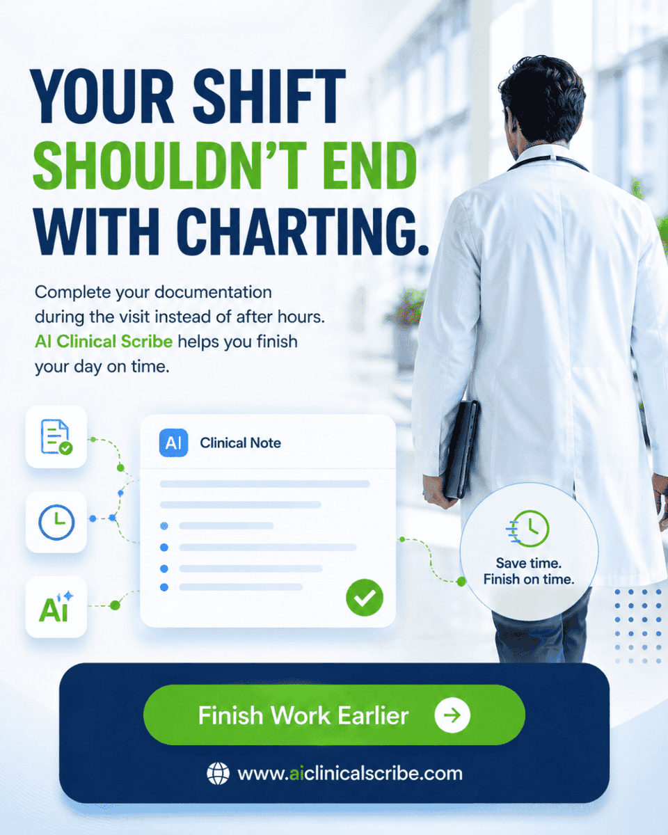 AICScribe's tweet photo. Finish work when your last patient leaves, not when your notes do.

AI Clinical Scribe completes clinical documentation during visits, reducing after-hours charting and helping you reclaim your evenings.

#AIScribe #HealthcareAI #DigitalHealth #DoctorsLife #MedX #AI #Medtwt https://t.co/gCnrVlbIVK