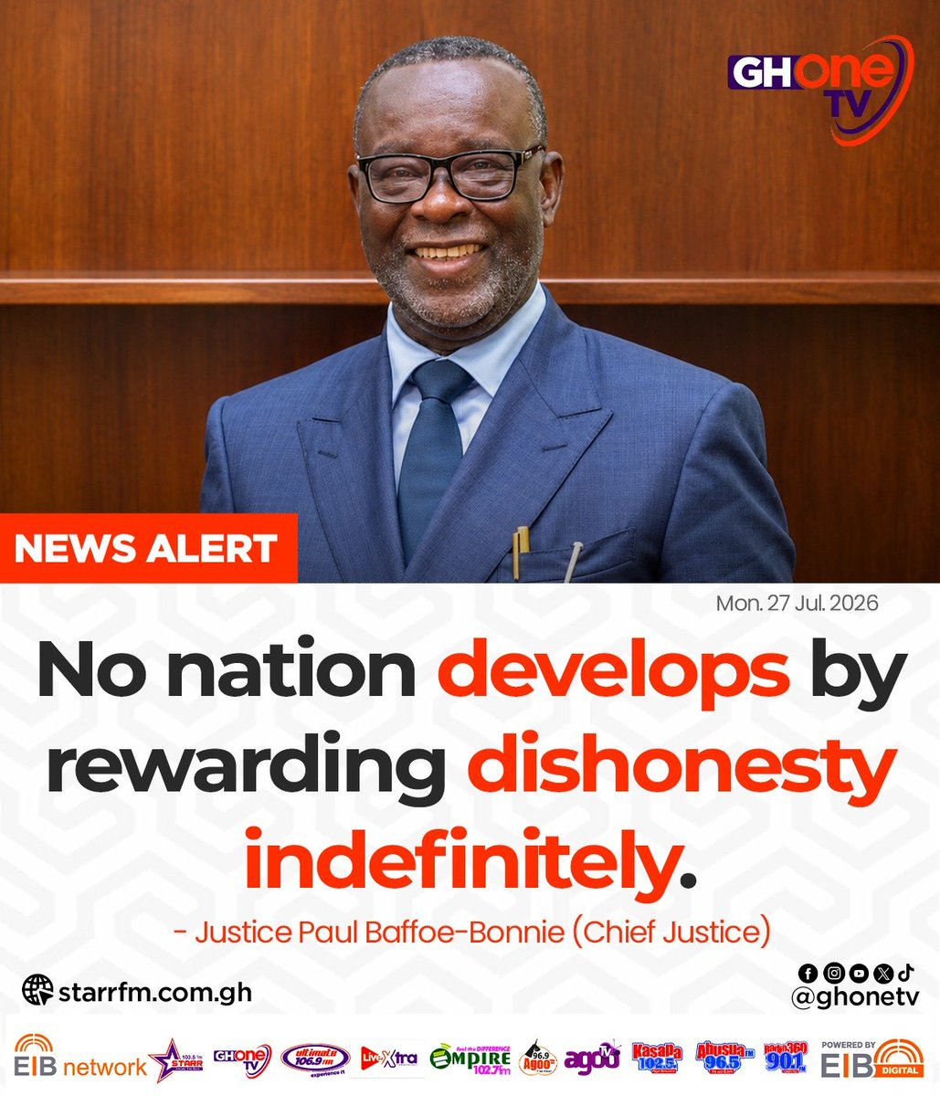 ghonetv's tweet photo. No nation develops by rewarding dishonesty indefinitely... - Chief Justice Paul Baffoe-Bonnie

#GHOneNews #EIBNetwork
#GHOneTV #NewsAlert https://t.co/HK5qUFEARt