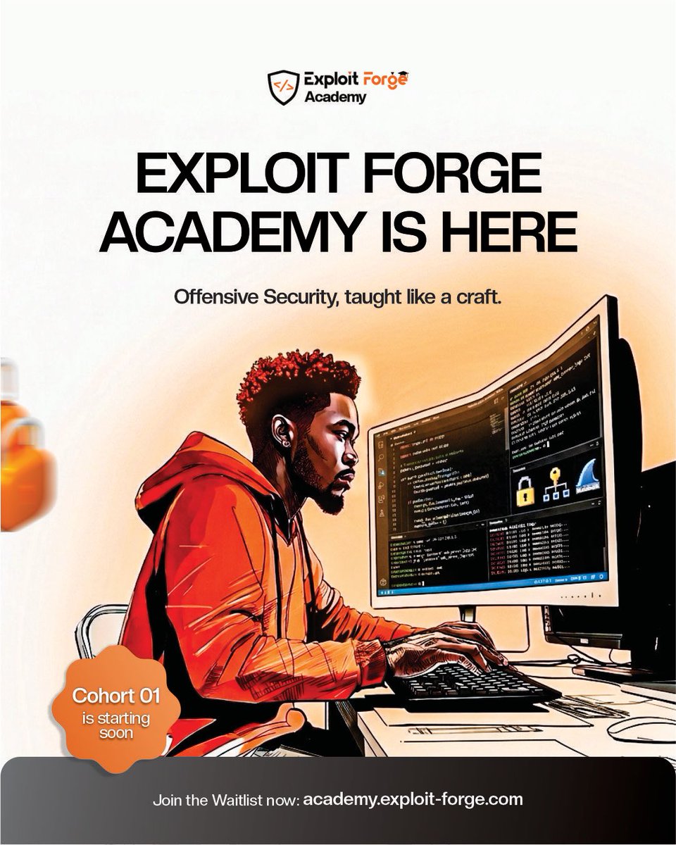 ExFacademy's tweet photo. Exploit Forge Academy is live!
 
Offensive security, taught like a craft.

Real labs. Real techniques. Taught by practitioners who've done this professionally not trainers who've read about it.
 
Cohort 01 is coming. Waitlist is open now.
https://t.co/7Q1wHqnrk2

#cybersecurity https://t.co/sFLA1FvG2d