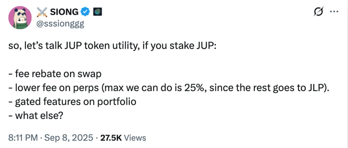 FabianoSolana's tweet photo. Talking about Jupiter...

This tweet is almost a year old

Since then not too much has changed*

Here are a few utility ideas I still think $JUP stakers deserve:

- JUP Card levels based on staked $JUP
- Priority access to Jup Lend (e.g. Bitwise Vault)
- Perps fee rebates
- Swap fee rebates in GUM
- Premium tools (e.g. tax support)

The goal isn't to add more incentives that eventually get dumped

It's to make staking $JUP genuinely valuable by unlocking benefits and tools you can't access otherwise

*JUP stakers got gated features on portfolio and WET token presale