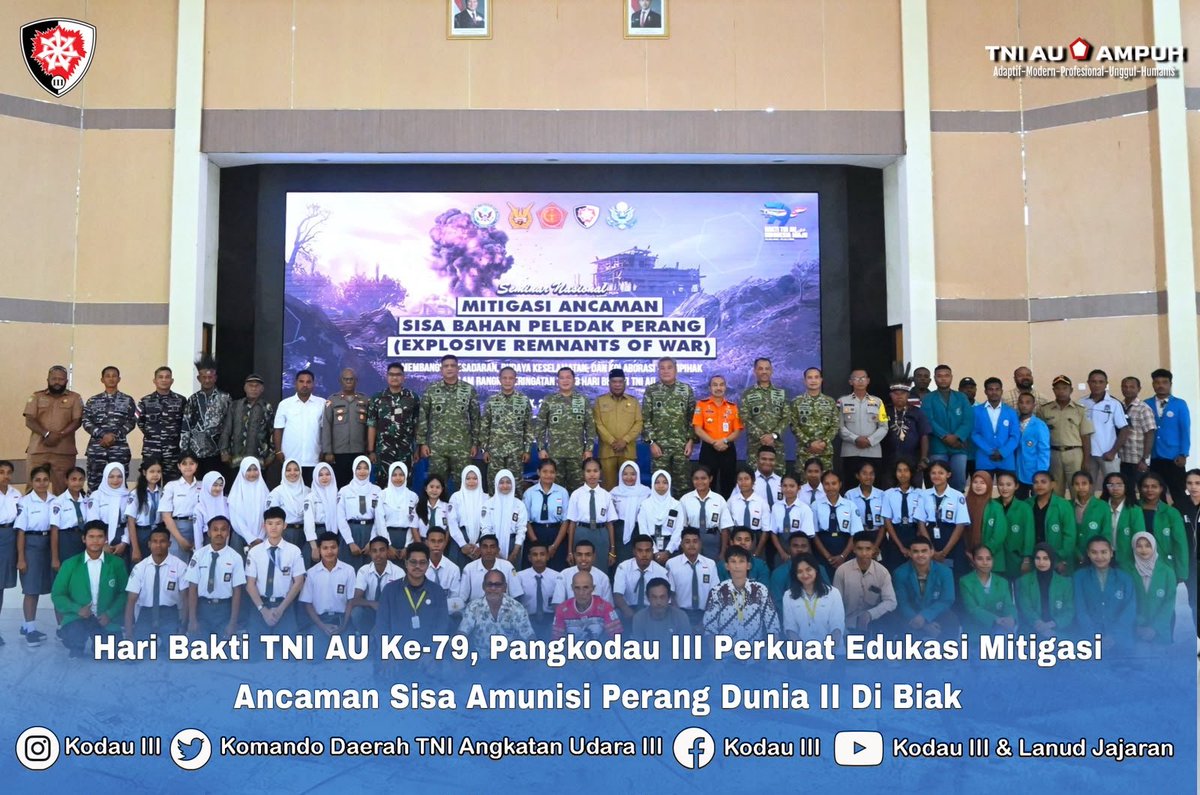 koops_3's tweet photo. Hari Bakti TNI AU ke-79, Pangkodau III Perkuat Edukasi Mitigasi Ancaman Sisa Amunisi Perang Dunia II di Biak

#militerudara
#puspentni
#tniau
#Koopsudnas
#swabhuwanapaksa https://t.co/us4tbhAzxA