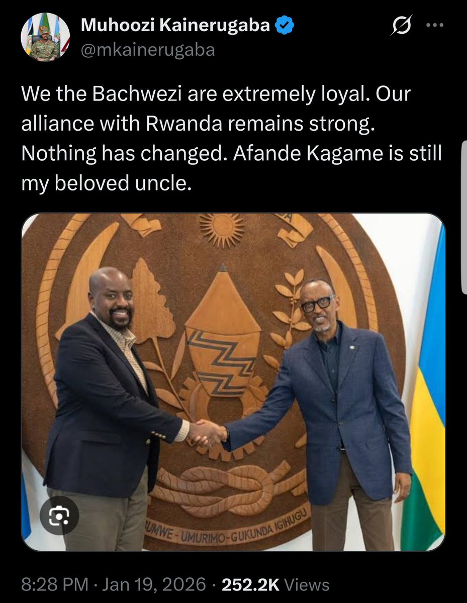 RucumuGR's tweet photo. @mkainerugaba @PaulKagame @FirstLadyRwanda Our next President of Uganda Omuchwezi Gen @mkainerugaba,

 Urakaza neza. Uzahoora ubaye Kyogere mu nkuba, Imanzi yaacu Rudatezuka ku Rugamba.

The NRA and RPF Revolution solidified our historical bond with Rwanda since our unification of 1150 AD by Umuchwezi Ndahiro (Ndahura). https://t.co/fU08x0sgkN