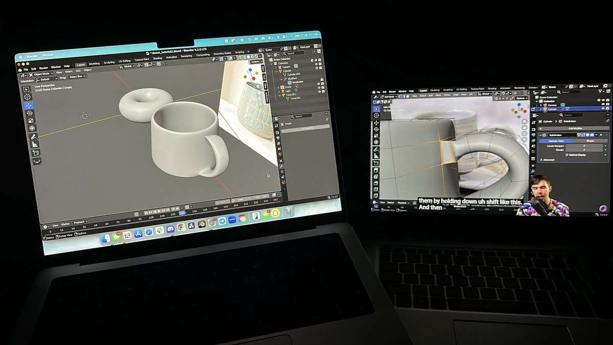 0xTimmygram's tweet photo. Progress report on Blender.

I’m getting better.🔥

First week was really difficult as a beginner. Navigating the 3D viewport has been a tough nut to crack.

Faced many bottlenecks. Yesterday, by mistake, I deleted my properties panel.😂 Took me roughly 2hrs 37mins to find it (I used a stopwatch to time myself).

But anyhoo, I’ve gotten better and a bit more familiar with the whole interface.

Current challenge(s):

This is where I’m at and frame 2 exposes just how lopsided my mug handle is.😂

I’ve struggled to make it even but it doesn’t work, need helppppp. Or are there mugs like that, might as well just leave it 👀

Timing:
- donut: less than a day
- mug: 5 days and counting… ⏳

See you next week, with more progress.