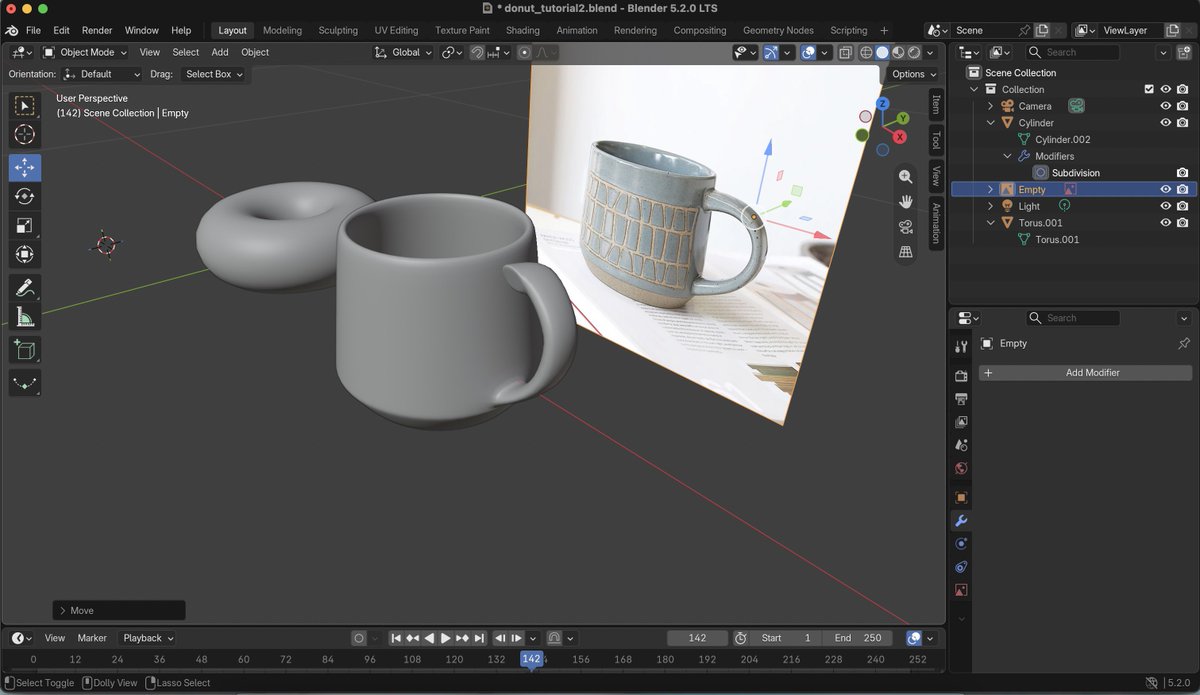 0xTimmygram's tweet photo. Progress report on Blender.

I’m getting better.🔥

First week was really difficult as a beginner. Navigating the 3D viewport has been a tough nut to crack.

Faced many bottlenecks. Yesterday, by mistake, I deleted my properties panel.😂 Took me roughly 2hrs 37mins to find it (I used a stopwatch to time myself).

But anyhoo, I’ve gotten better and a bit more familiar with the whole interface.

Current challenge(s):

This is where I’m at and frame 2 exposes just how lopsided my mug handle is.😂

I’ve struggled to make it even but it doesn’t work, need helppppp. Or are there mugs like that, might as well just leave it 👀

Timing:
- donut: less than a day
- mug: 5 days and counting… ⏳

See you next week, with more progress.