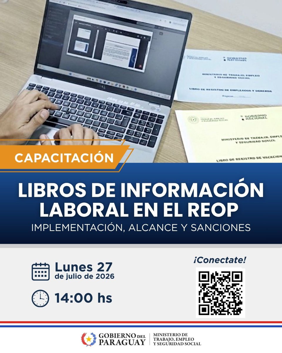MTESS_PY's tweet photo. #REOP | Participá de la capacitación virtual sobre la implementación de los Libros de Información Laboral
Conocé los principales aspectos de la implementación de los Libros de Información Laboral en el Registro Obrero Patronal (REOP), las obligaciones para los empleadores y las sanciones previstas en la normativa vigente.
📅 Lunes 27 de julio
🕑 14:00 horas
Sumate a través de Zoom o seguí la transmisión en nuestro canal de YouTube escaneando el QR de la imagen.
