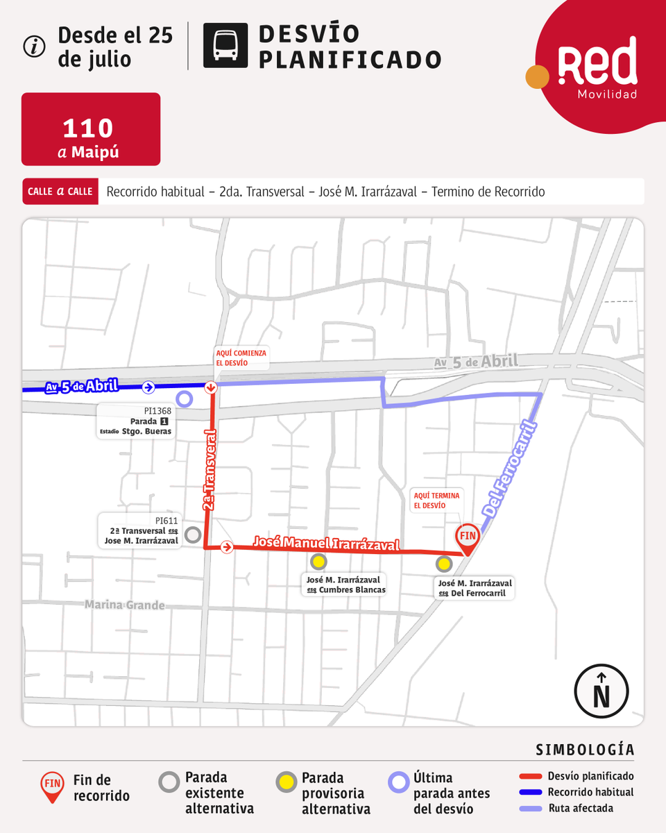 Red_Movilidad's tweet photo. 🔴⚪⚠️ATENCIÓN⚠️
Si te mueves por calles Ferrocarril con Cinco de Abril, comuna de @Muni_Maipu, debes planificar tu viaje por #desvíos en el marco de las obras del tren Santiago Melipilla.

🚍Cambian de ruta servicios 110, 348 e I03.

📌 Revisa las paradas suspendidas y sus alternativas, aquí: https://t.co/SChb44Qry3
