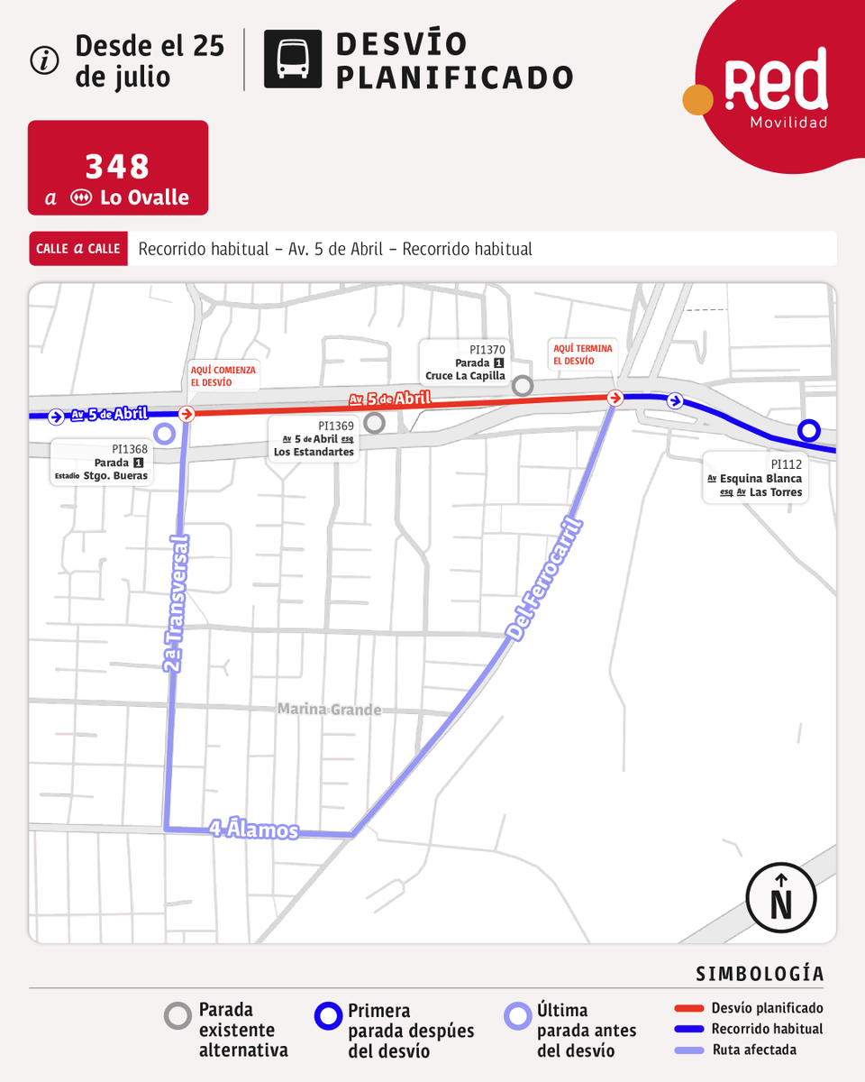 Red_Movilidad's tweet photo. 🔴⚪⚠️ATENCIÓN⚠️
Si te mueves por calles Ferrocarril con Cinco de Abril, comuna de @Muni_Maipu, debes planificar tu viaje por #desvíos en el marco de las obras del tren Santiago Melipilla.

🚍Cambian de ruta servicios 110, 348 e I03.

📌 Revisa las paradas suspendidas y sus alternativas, aquí: https://t.co/SChb44Qry3