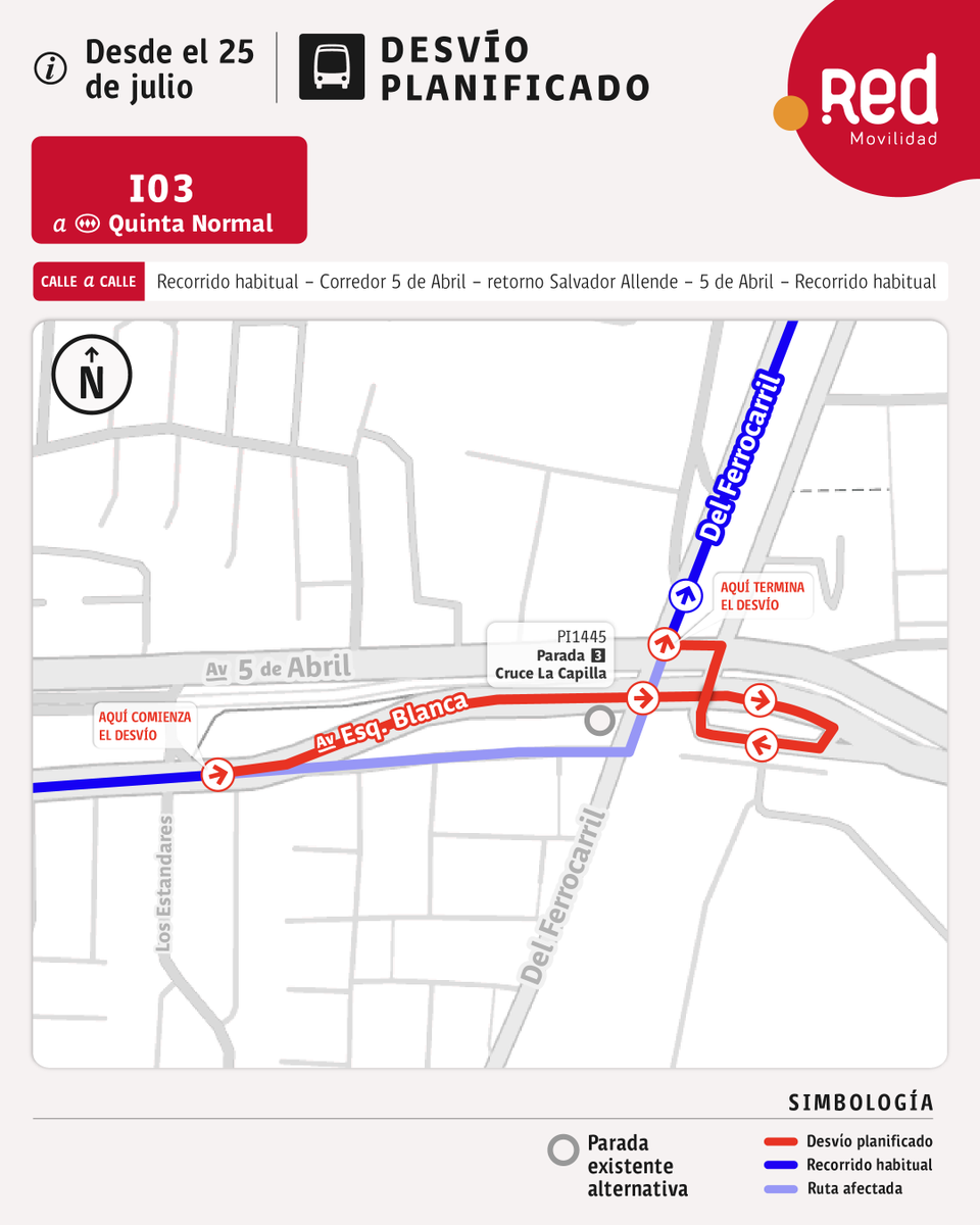 Red_Movilidad's tweet photo. 🔴⚪⚠️ATENCIÓN⚠️
Si te mueves por calles Ferrocarril con Cinco de Abril, comuna de @Muni_Maipu, debes planificar tu viaje por #desvíos en el marco de las obras del tren Santiago Melipilla.

🚍Cambian de ruta servicios 110, 348 e I03.

📌 Revisa las paradas suspendidas y sus alternativas, aquí: https://t.co/SChb44Qry3