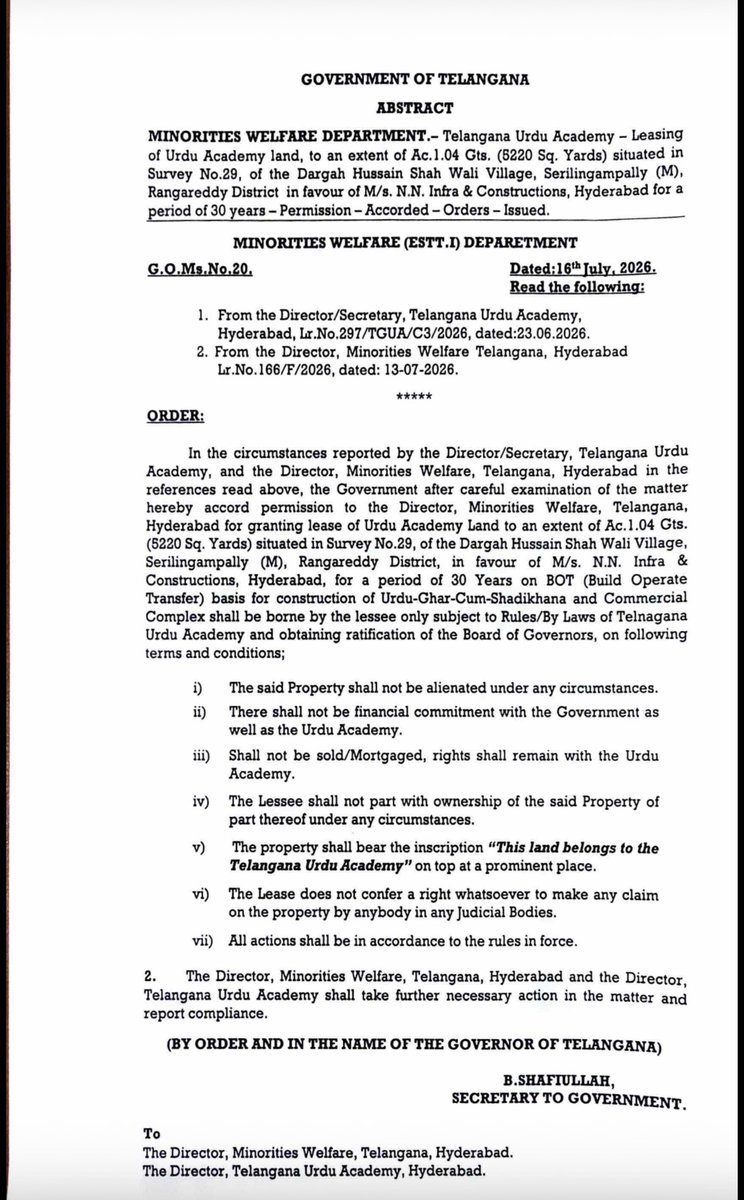 asadowaisi's tweet photo. The State Government's Minority Affairs Secretary has issued a Government Order leasing 5,220 square yards of land belonging to the Urdu Academy to a private company for 30 years.

The Secretary has no power to do so. Such a decision must be approved by @TelanganaCS after issuing a public notice and inviting suggestions and objections. This entire procedure has been bypassed.

This order must be cancelled at the earliest. @revanth_anumula