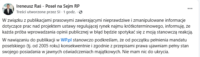 SzJadczak's tweet photo. 🤡🤡🤡Ireneusz Raś pisze, że nie ma nic do ukrycia, a Facebook mu to oznacza jako wytwór sztucznej inteligencji.
🤡 Trochę śmiesznie, trochę strasznie. Ale bardziej strasznie, bo @donaldtusk pozwala temu człowiekowi stanowić prawo w Polsce. 
PS. Dziękuję za kolejne sygnały dotyczące nieprawidłowości w działaniach Ireneusza Rasia. I oczywiście proszę o więcej!  Piszcie na szymon.jadczak@grupawp.pl 
 https://t.co/1UYDOeEKZE