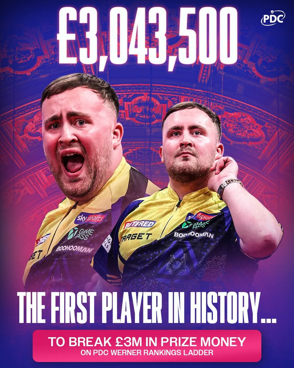 ogy_emy's tweet photo. Another record for #LukeLittler ... 🤯

The first player in history to break the THREE MILLION POUND barrier on the #PDC Rankings ✅
#Littler #Goat https://t.co/KVvE3k8HLR