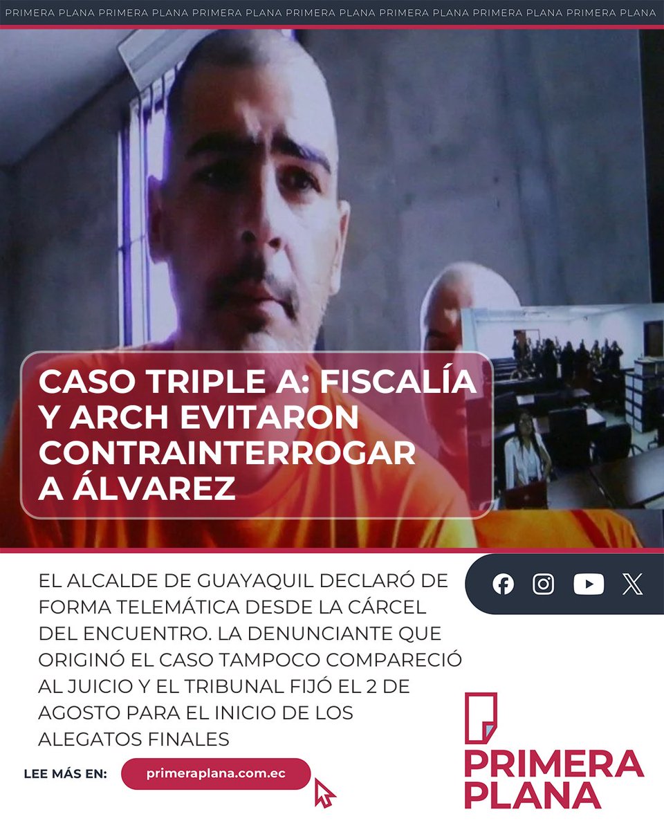 PrimeraPlanaECU's tweet photo. 🔴El #alcalde de #Guayaquil, #AquilesÁlvarez, rindió testimonio este domingo, de forma telemática desde la #CárceldelEncuentro, en el juicio del #CasoTripleA. ⚖️El Tribunal suspendió la audiencia y fijó el 2 de agosto para iniciar los alegatos finales. ⚖️La #Fiscalía y la #ARCH no formularon preguntas al burgomaestre. La denunciante que originó el caso tampoco compareció. https://t.co/qp5bkZKsNh

#Ecuador #Justicia #Guayaquil