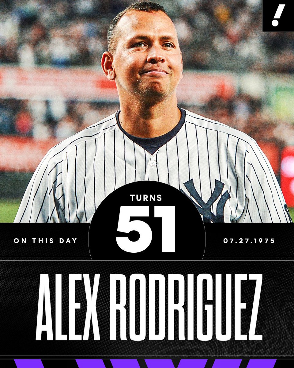 YahooSports's tweet photo. Yankees legend Alex Rodriguez celebrates his 51st birthday today ⚾️

▪️14x All-Star
▪️3x MVP
▪️2x Gold Glove
▪️10x Silver Slugger
▪️1996 AL Batting Title
▪️2009 World Series Champion https://t.co/Piu2lFI9Ho