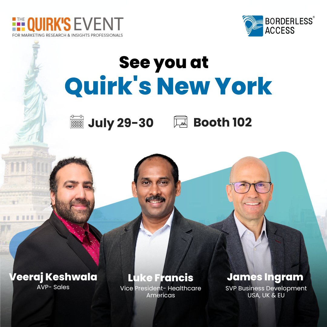 BorderlessXs's tweet photo. @QuirksMR 's New York is here, so are we! 🗽

Meet our team at Booth 102 to explore how Borderless Access supports your research goals with verified panels, hyper-niche audiences, &amp; Human + AI delivery.

DM us to book a meeting 👇

#Quirks #QuirksNY #MRX #BorderlessAccess https://t.co/5EezrGaqdv