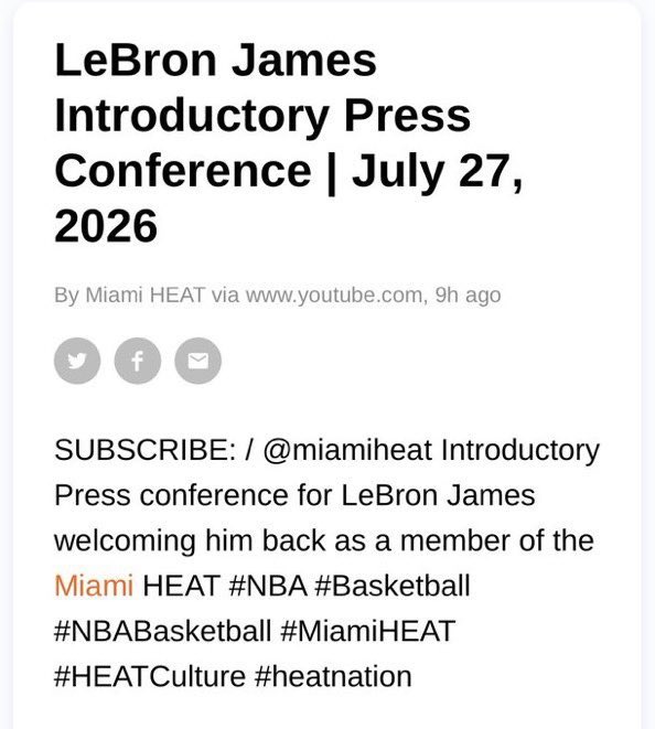 Fullcourtpass's tweet photo. The Heat employee who accidentally scheduled LeBron James introductory press conference on YouTube for July 27th had a vacation scheduled for this week and was trying to get ahead of work that would come up if LeBron chose the Heat, per @ramonashelburne

(https://t.co/QTPLcjeDDA) https://t.co/G21uuVF9Cf
