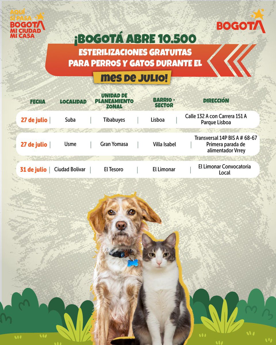 AnimalesBOG's tweet photo. 🐶😽 ¡Las jornadas de esterilización gratuita continúan en Bogotá!

Consulta las fechas, localidades y direcciones donde estaremos estos últimos días de julio y accede a este servicio para tu perro o gato.

📍Consulta toda la información en:
🔗 https://t.co/9gcIRjPP4O https://t.co/qCPlUYBwKC