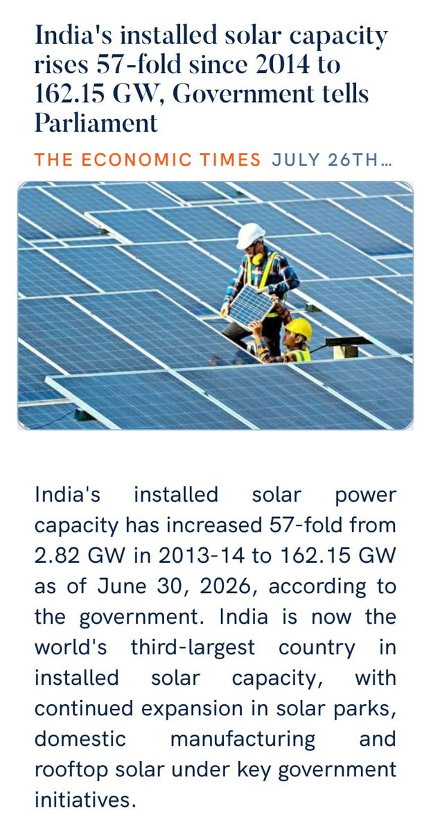 IndianDiplomacy's tweet photo. Setting new benchmarks with solar revolution!

As installed solar capacity surges 57-fold from 2.82 GW in 2013-14 to 162.15 GW in June, 2026; India is now the 3rd-largest country in the world in installed solar capacity, powering a cleaner and greener future.

Read more:
🔗
https://t.co/CCrzJZVW7u
