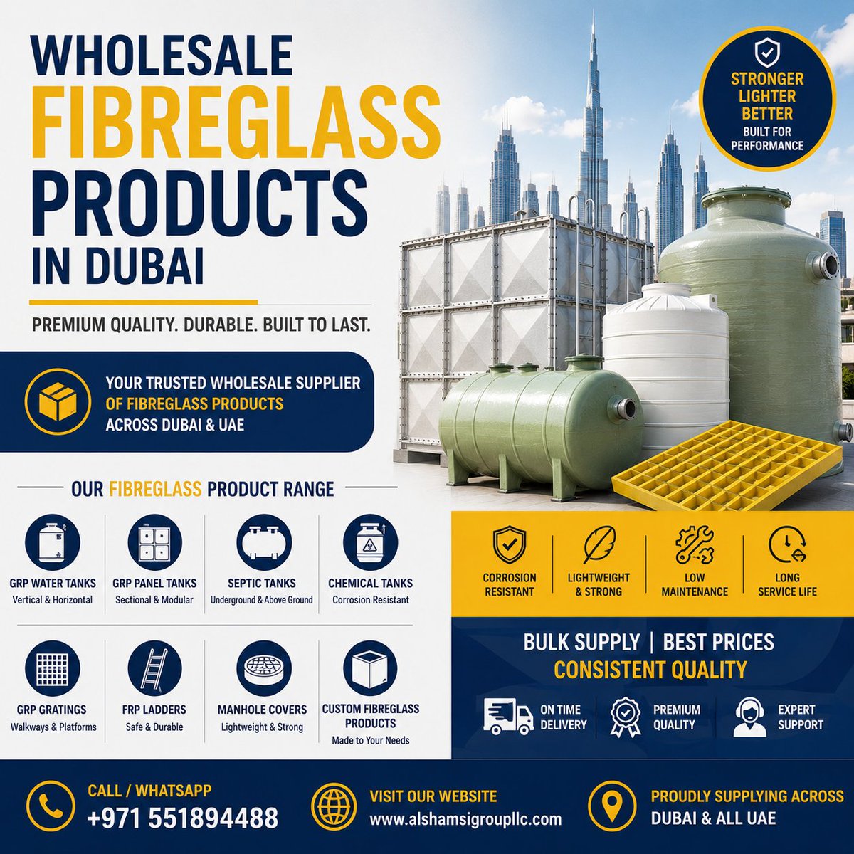 Al_Shamsi_Group's tweet photo. 🏭 Wholesale Fibreglass Products in Dubai

📞 Contact us for wholesale prices, bulk orders and project quotations.

📱 Call / WhatsApp: +971 551894488
🌐 Website: https://t.co/OdFOPsOJKa

#FibreglassProductsDubai #FiberglassProductsDubai #GRPProductsDubai #FibreglassSupplierDubai https://t.co/ZMgvvBKFaQ
