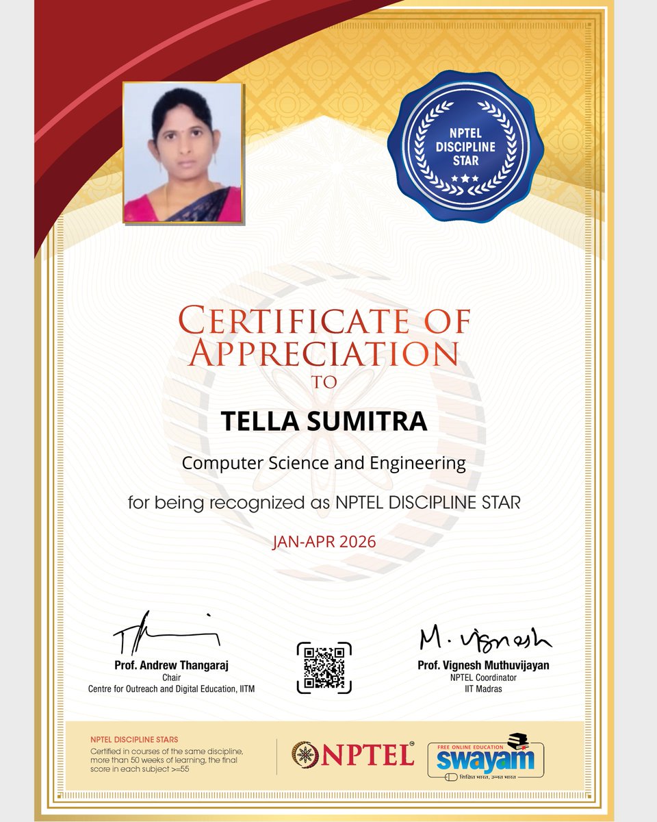 ksrmceofficial's tweet photo. Congratulations !!
#KSRMCE #CSE #NPTEL #Disciplinestar #achivement #Congratulations https://t.co/3Tmck3eCoX