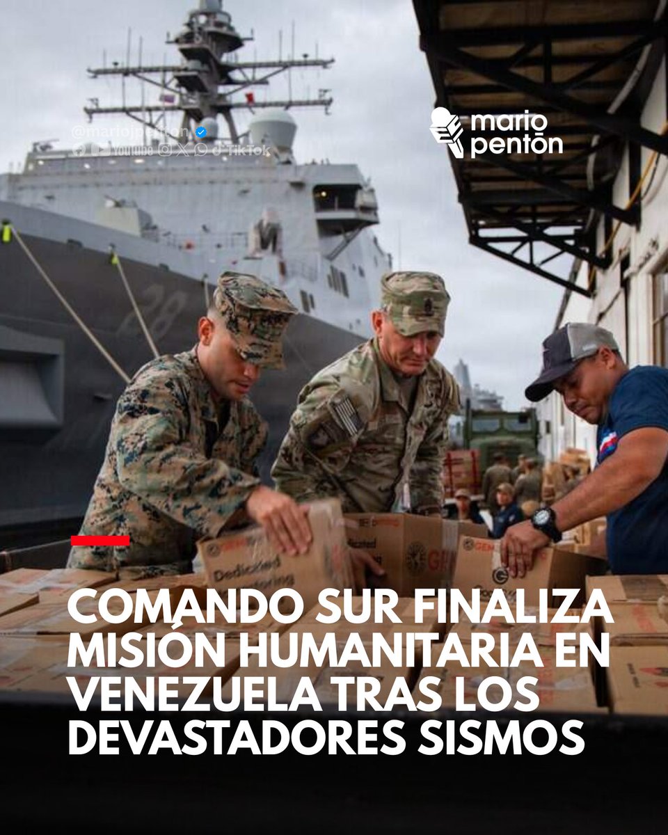 MarioJPenton's tweet photo. 🔴El Comando Sur de Estados Unidos (SOUTHCOM) anunció la retirada de sus últimos militares en Venezuela, dando por finalizada su misión de apoyo tras los terremotos que azotaron el país en junio de 2026. La operación incluyó labores de rescate, asistencia humanitaria y coordinación logística en las zonas más afectadas.

🔴Durante la misión, equipos estadounidenses ayudaron a restablecer el funcionamiento del Aeropuerto Internacional Simón Bolívar, facilitaron el flujo de ayuda internacional y utilizaron imágenes satelitales para identificar áreas críticas. También desplegaron aviones, helicópteros y personal especializado para apoyar las operaciones en tierra.

🔴Aunque la presencia militar concluye, Estados Unidos aseguró que continuará brindando apoyo a Venezuela a través de organismos civiles y organizaciones humanitarias, enfocándose en la reconstrucción a largo plazo tras un desastre que dejó miles de muertos y heridos.

EL NUEVO HERALD