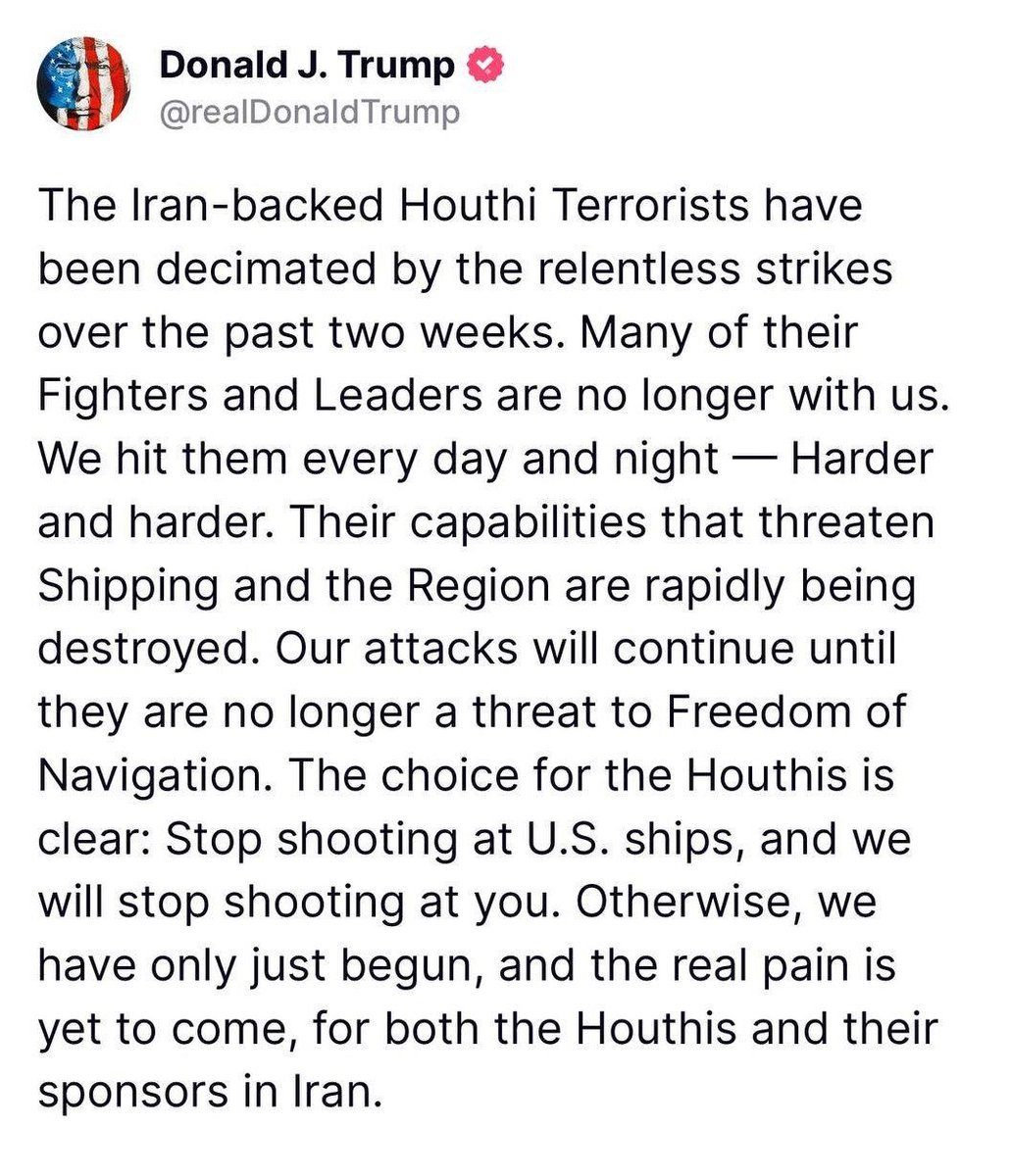 AxelVasa221's tweet photo. President Trump on Houthi strikes: 

“Stop shooting at US ships and we will stop shooting at you!

we have only just begun, and the real pain is yet to come, for both the Houthis and their sponsors in Iran.”
Stay updated 👇👇 
https://t.co/KcBOCnqqP4 https://t.co/aZvUSxxRYy