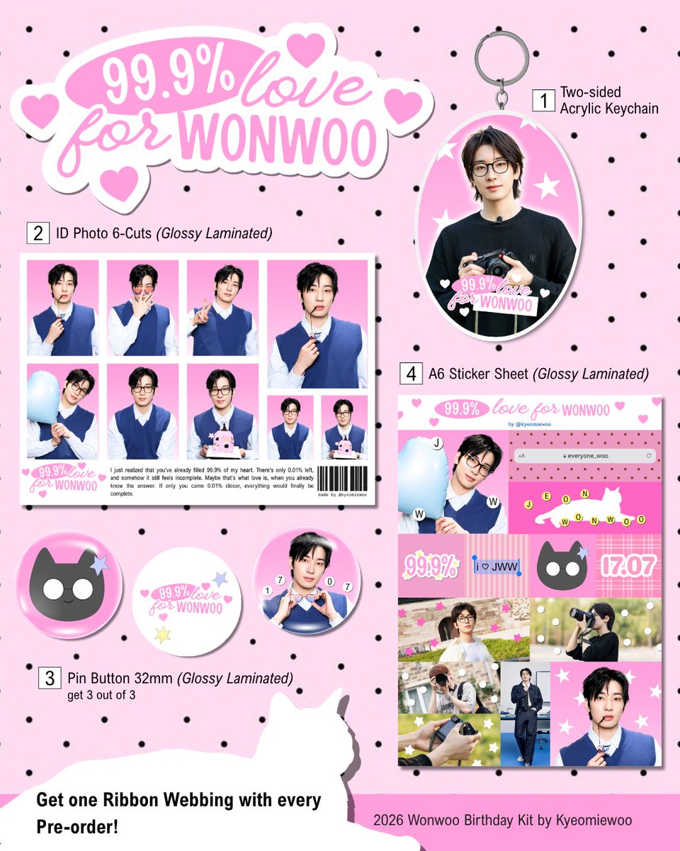 kyeomiewoo's tweet photo. (rt &amp; like are very appreciated)

Pre-Order: 99.9% Love for Wonwoo, Wonwoo's Birthday Kit by @kyeomiewoo 

📅 pre-order period: 27 July - 5 August 2026
💵 price: 35k per set 
💌 order and details: https://t.co/pHYd9ujxZ6
🎁 get one ribbon webbing with every pre-order! https://t.co/2ifmlfxOcw