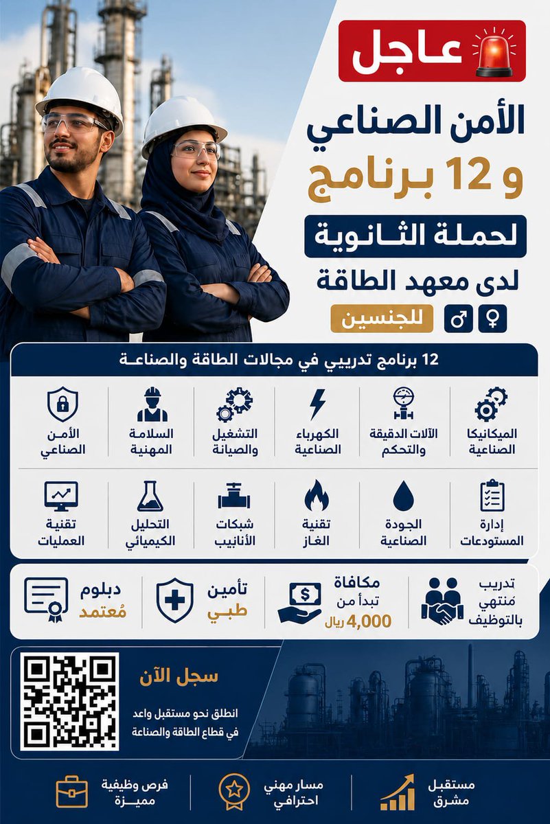 uox_ui's tweet photo. (🔴🔴🔴🔴🔴🔴🔴) #عاجل (الأمن الصناعي) و (١٢ برنامج) لحملة الثانوية لدى (#معهد_الطاقة) #للجنسين:

⭐️ تدريب منتهي بالتوظيف.
⭐️ مكافأة تبدأ من ٤,٠٠٠ ريال + تأمين طبي.
⭐️ دبلوم مُعتمد من التدريب التقني. 
⭐️ الجهة (معهد الطاقة).

🔺التفاصيل والتقديم:

https://t.co/1H2D9d1Z4c

. https://t.co/1f4fpBfRQV