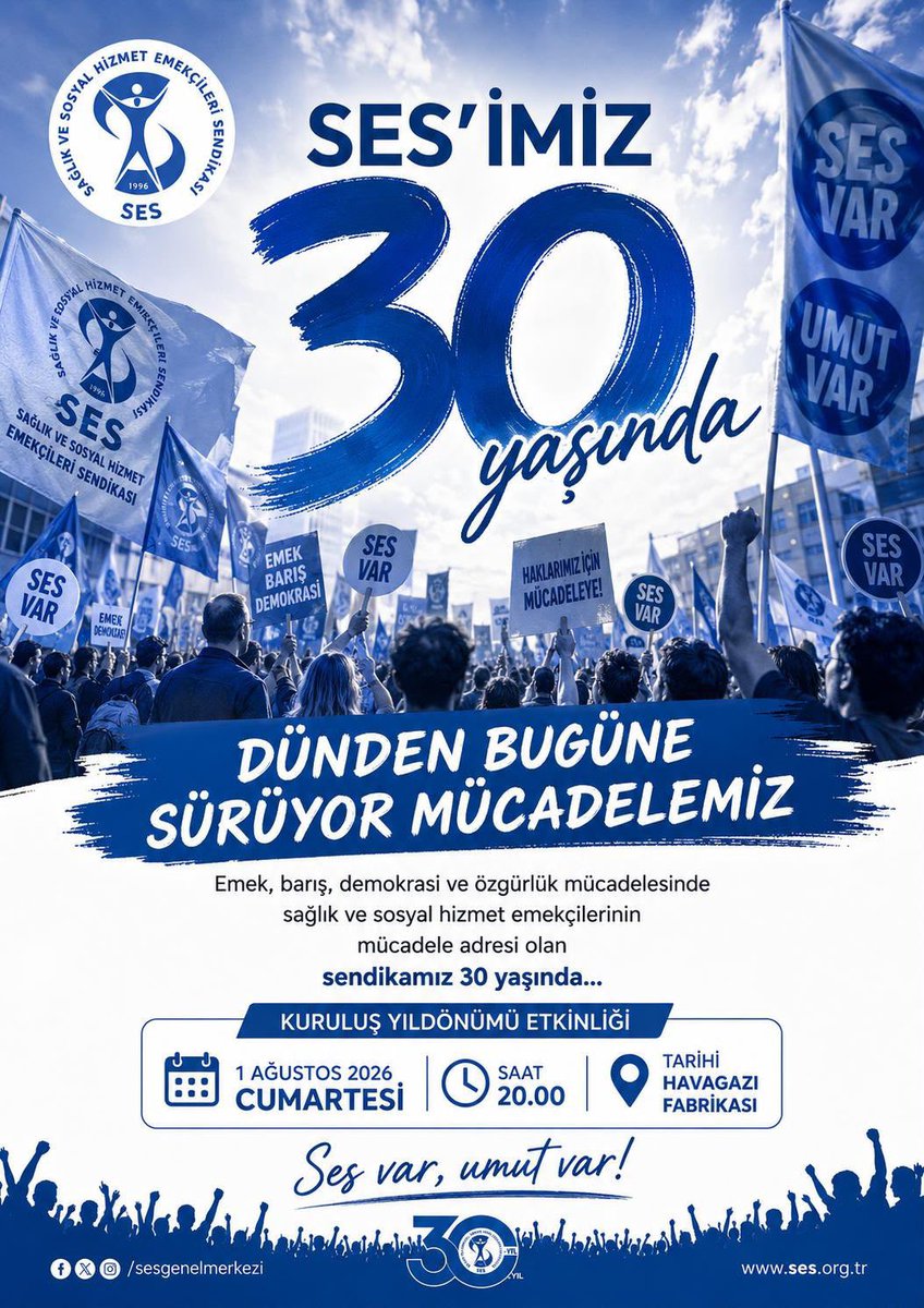 sesizmir's tweet photo. 30. yaşımızı hep birlikte kutlamak için 1 Ağustos Cumartesi Günü Saat 20.00 da Tarihi Havagazı Fabrikasında buluşuyoruz.

30 yıl önce yakılan mücadele meşalesi, bugün daha da güçlü yanıyor.

Haklarımız, emeğimiz ve geleceğimiz için yürüdüğümüz bu yolda; dayanışmayı, umudu ve mücadeleyi birlikte büyütmeye davet ediyoruz.

Yaşasın SES❗️
Yaşasın KESK❗️
Yaşasın Örgütlü Mücadelemiz❗️

#SES’sizKalma 
#SesteÖrgütleniyoruz 
#SES var, Umut var❗️

@sesizmir_1
