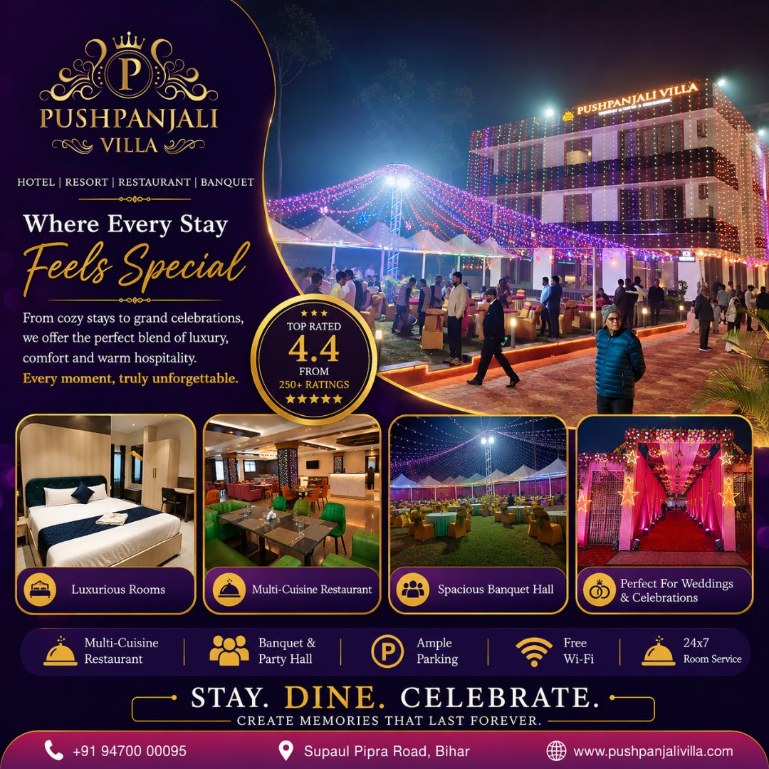 Pushpanjalivila's tweet photo. ✨ Where Every Stay Feels Special! ✨From luxurious rooms to grand celebrations, create unforgettable memories at Pushpanjali Villa.💜

📍Supaul Pipra Road, Bihar
📞+91 94700 00095 

#PushpanjaliVilla #LuxuryStay #BanquetHall #WeddingVenue #ResortLife #Restaurant #Supaul #Bihar https://t.co/9Awl8AuLlF