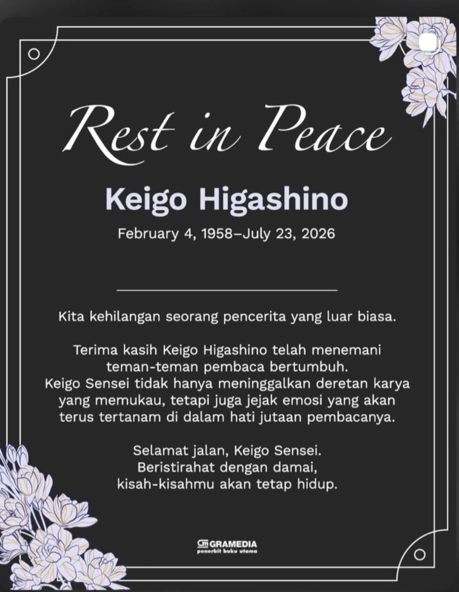 hkwaafa's tweet photo. jujur masih nggak nyangka. beliau adalah salah satu penulis favoritku dan rasanya sedih sekali meskipun hanya tau dan kenal beliau melalui karyanya🥺
Selamat jalan sensei, karyamu akan terus hidup di hati para pembacamu.🕊️🤍
#keigohigashino https://t.co/WLqhzxODww