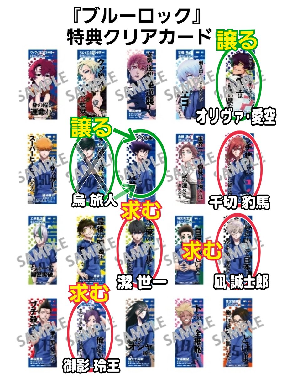 MA30431653's tweet photo. @luima_63 お問い合わせありがとうございます。すみません🙏💦先程気づいたんですが、私が〇で囲む絵柄の場所を間違えてまして、凛の絵柄の所に烏旅人の名前を記載してしまってますが、そちらのご希望のお品が、その右隣の烏旅人の絵柄の方でお間違えなければ、ぜひ潔世一との交換を宜しくお願い致します。 https://t.co/Lgqalxojgf