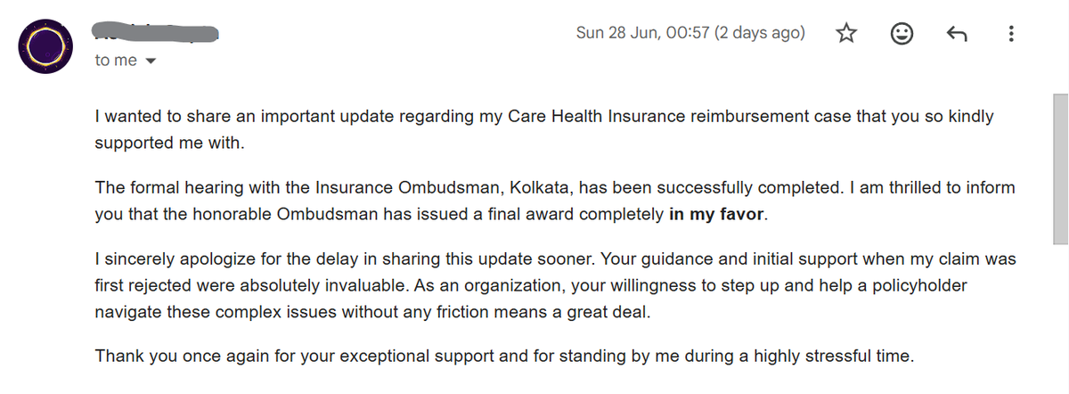 BeshakIN's tweet photo. Sharing a success story from our team

A 54K Dengue claim was rejected.
A follower fought and won the case with Ombudsman.

8 months ago, he reached out to Beshak’s Free Claim Helpdesk with a rejected claim.

Customer had first applied for cashless, which was rejected.
Insurer said “admission for evaluation and investigation is excluded”

But the medical papers told a different story.
Customer had Dengue + chikungunya together.
Persistent high fever.
Liver inflammation.
Blood in urine.

We asked him to get a letter from the treating doctor on the hospital letterhead.
Still the insurer rejected, and asked customer to go for reimbursement.

After multiple back and forth, even a physical investigation, the claim was again rejected for missing documents, when no more documents were available.

Our research team helped him file a case with Ombudsman.
Finally, in June 2026, he came back with the update.

The Ombudsman passed the final award completely in his favour.

Yet, it took multiple submissions, a field investigation, and finally an Ombudsman complaint to get it resolved.

That’s not how health insurance should work.
Till it doesn’t, you have the Experts at Beshak who are going to make it work for you.