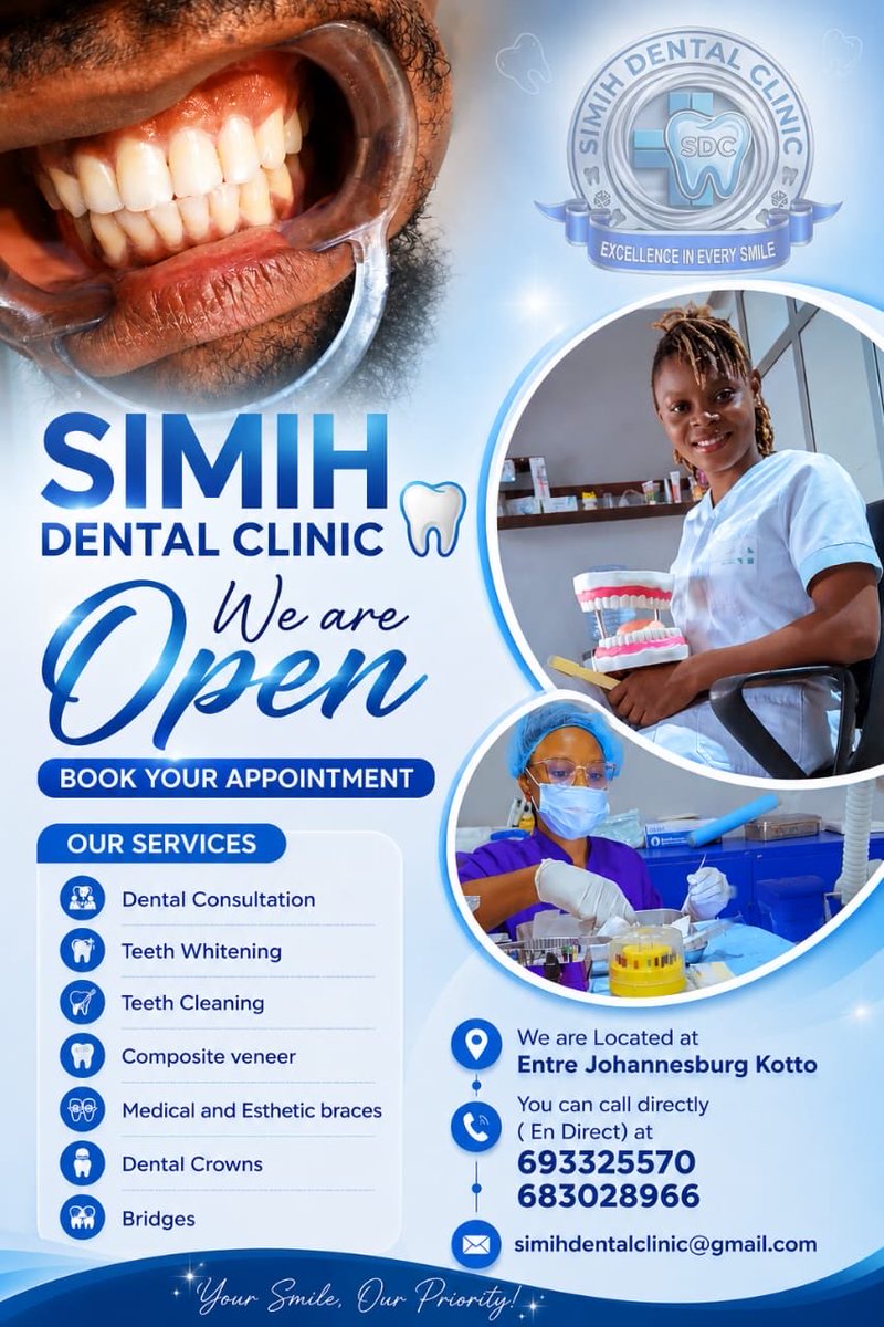 Simihdental's tweet photo. No fear, just happy smiles! 🦷✨
We make dental visits easy, safe, and comfortable for your little ones at Simih Dental Clinic.
📍 Douala, Entrée Johannesburg Kotto
📞 683028966 / 693325570
Book your appointment today! 👇
#Douala #DentalCare #HealthySmiles #Cameroon https://t.co/bxcfXlSed3