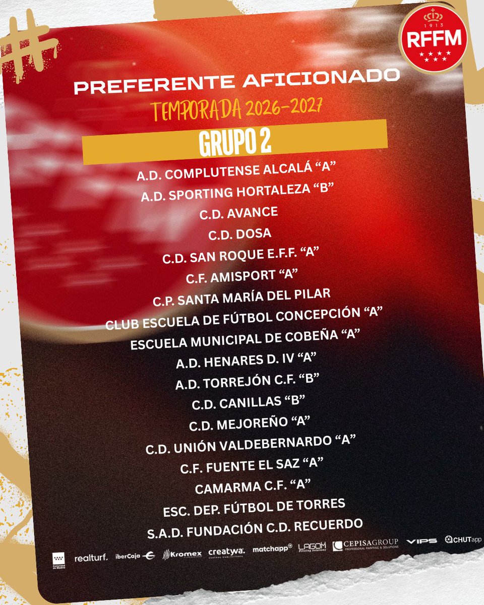 RFFM_oficial's tweet photo. 📆 Los 4⃣ grupos Preferente Aficionado ya tienen calendarios de competición para la temporada 2026-2027.

📅 INICIO 
Jornada 1⃣: 13 de septiembre 2026

📅 FINAL 
Jornada 3⃣4⃣: 6 de junio de 2027

💻 Ya puedes consultar los calendarios en nuestra web 👇

🔗 https://t.co/EOmsak9O0U https://t.co/Z4ade7TgQM