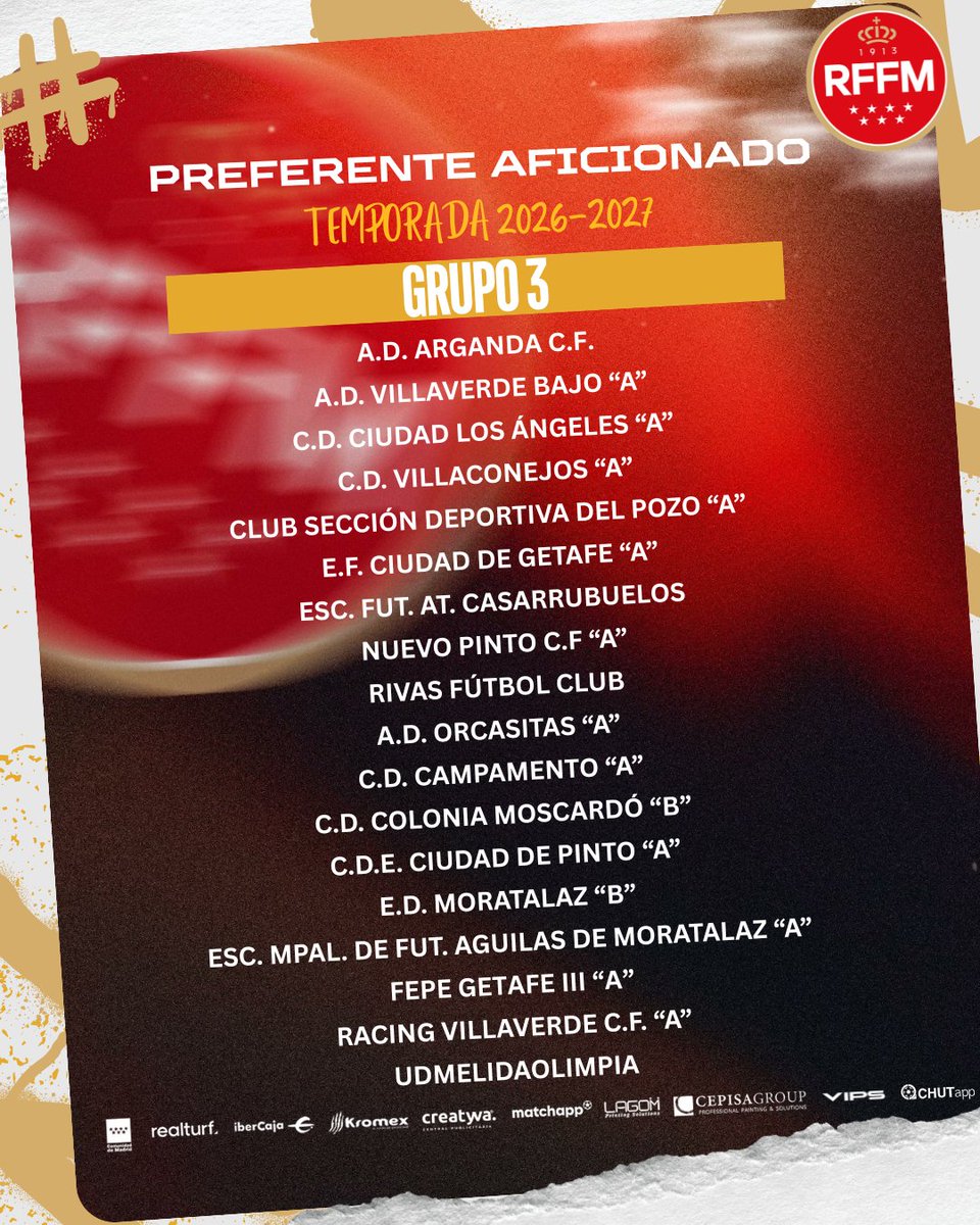 RFFM_oficial's tweet photo. 📆 Los 4⃣ grupos Preferente Aficionado ya tienen calendarios de competición para la temporada 2026-2027.

📅 INICIO 
Jornada 1⃣: 13 de septiembre 2026

📅 FINAL 
Jornada 3⃣4⃣: 6 de junio de 2027

💻 Ya puedes consultar los calendarios en nuestra web 👇

🔗 https://t.co/EOmsak9O0U https://t.co/Z4ade7TgQM