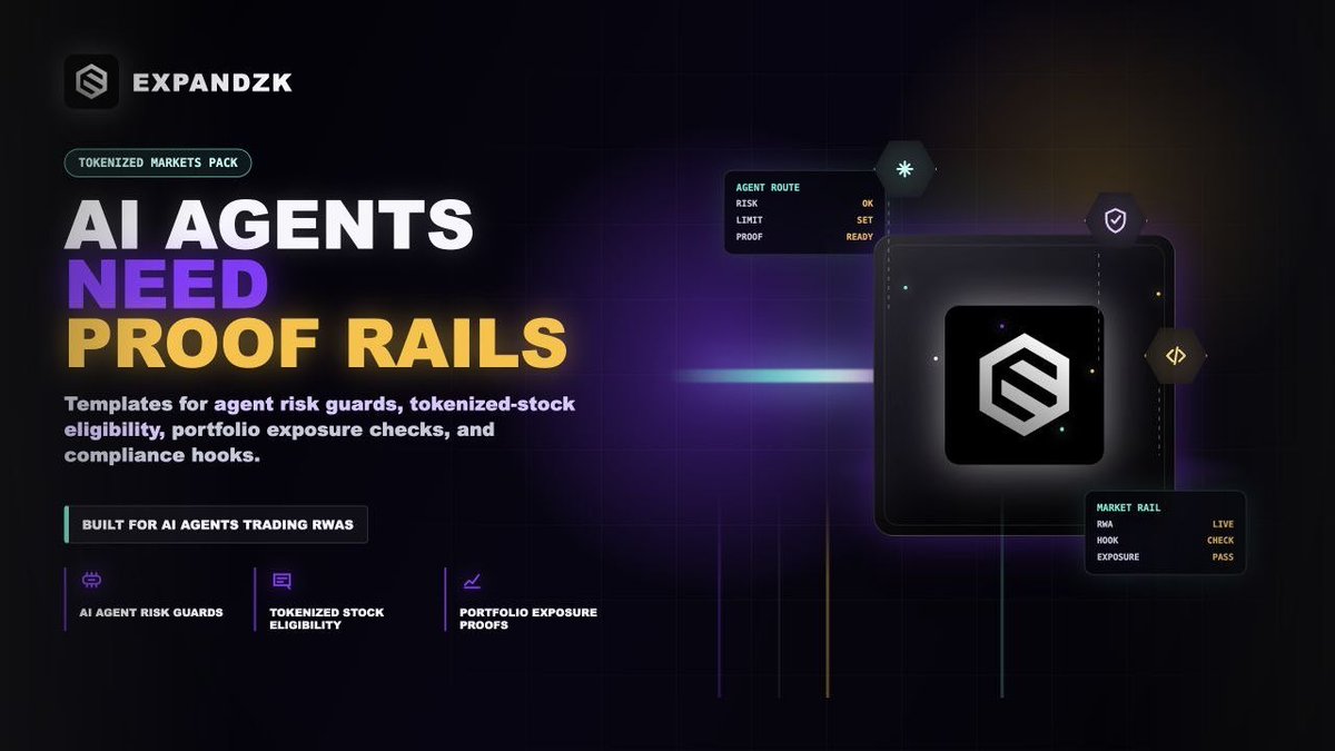 Expandzk's tweet photo. Onchain stock tokens signal AI trading’s shift to real markets.

We added a Tokenized Markets Pack to ExpandZK Templates for risk, eligibility, and execution. https://t.co/T1DDKQJq4o