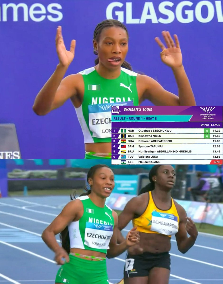 MakingOfChamps's tweet photo. What a Commonwealth Games debut from 🇳🇬 Miracle Ezechukwu!

The Nigerian showed great composure from lane 8, clocking 11.32s (-1.5) to win her women's 100m heat in Glasgow.

She finished ahead of 🇧🇧 Kishawna Niles (11.52s) and 🇬🇭 Deborah Acheampong (11.66s) to book her place in tomorrow's semifinal.