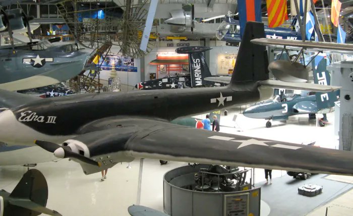 History_Mil's tweet photo. Despite modest successes, in Oct-1944, the TDR-1s were grounded as the victims of military politics, &amp; skepticism about the technology. The operational unit STAG was also disbanded. Today, the last remaining TDR-1 hangs at the National Naval Aviation Museum in Pensacola, Florida. https://t.co/45VLgKSFK4