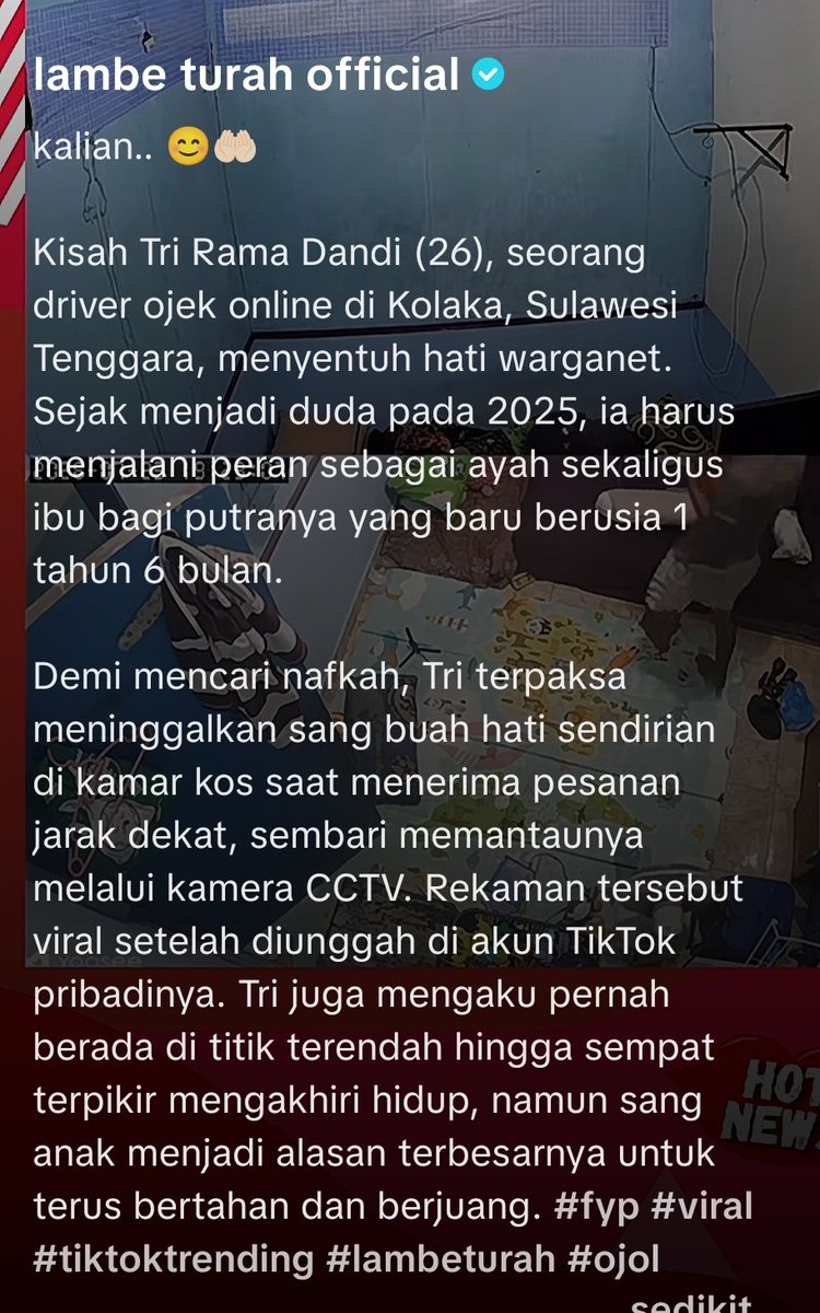 Goo9le_Fiv3's tweet photo. Kisah seorang ojol yang seorang duda, ngojek sambil rawat anak balitanya, ia terpaksa meninggalkan anaknya di kamar kos dan pantau lewat cctv demi mencari nafkah🥲 https://t.co/kooQ45mk78