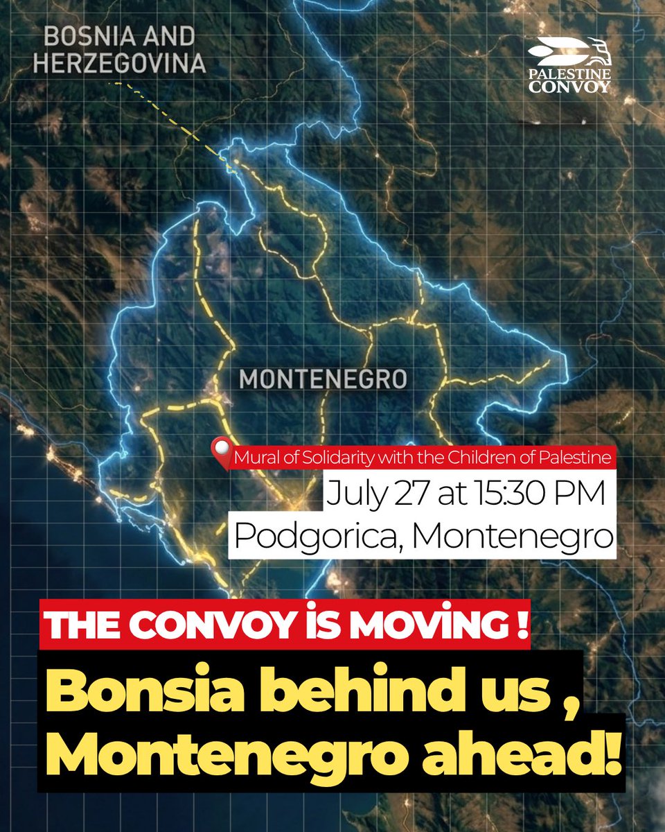 palestineconvoy's tweet photo. The Palestine Convoy is on the move. 🇵🇸
After a deeply meaningful journey through Bosnia and Herzegovina, the convoy is now heading toward its next destination: Montenegro.
Let’s meet today at 15:30 at the Mural of Solidarity with the Children of Palestine.
With every border crossed and every city reached, our message grows stronger—a message of solidarity, justice, dignity, and hope for the Palestinian people.
Come welcome the convoy, stand with Palestine, and become part of this journey of solidarity.
The road continues.
The voices unite.
The destination remains Palestine.